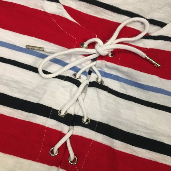 Preppy Cotton Nautical Striped Tie Up Collar Half Sleeve Tee - Picture 9 of 15